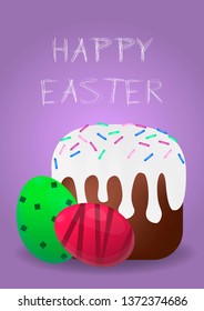 Template Easter violet card with realistic eggs and cake.