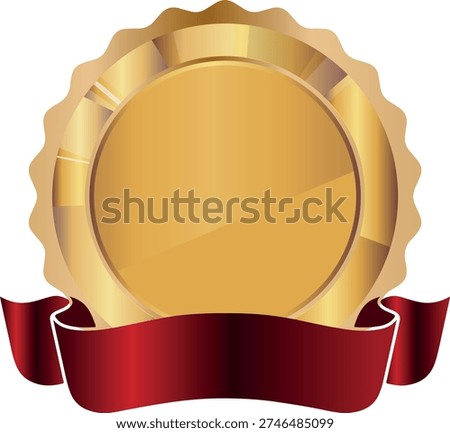template of editable gold medal icon with red ribbon at the bottom for signature, for holiday graphics, achievement icons and award certificates
