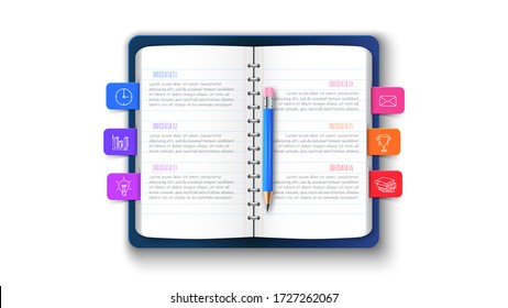 Template for education presentation with notebook and bookmarks for infographic. Business concept with 6 steps.