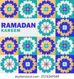 Template of Eid Mubarak card with colorful arabesque-inspired geometric floral pattern in gold, teal, blue, white. Modern banner with tiles, symmetrical Islamic motifs, bold RAMADAN KAREEM typography.