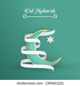 Template for Eid Mubarak with green and gold color tone. 3D Vector illustration in paper cut and craft  for islamic greeting card, invitation, book cover, brochure, web banner, advertisement.