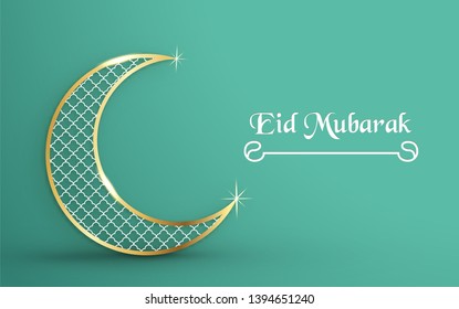 Template for Eid Mubarak with green and gold color tone. 3D Vector illustration in paper cut and craft  for islamic greeting card, invitation, book cover, brochure, web banner, advertisement.