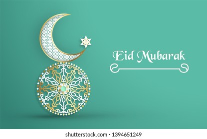 Template for Eid Mubarak with green and gold color tone. 3D Vector illustration in paper cut and craft  for islamic greeting card, invitation, book cover, brochure, web banner, advertisement.