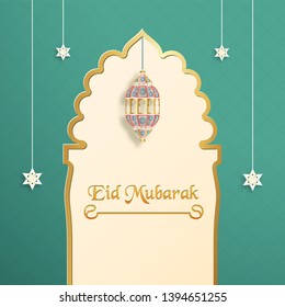 Template for Eid Mubarak with green and gold color tone. 3D Vector illustration in paper cut and craft  for islamic greeting card, invitation, book cover, brochure, web banner, advertisement.