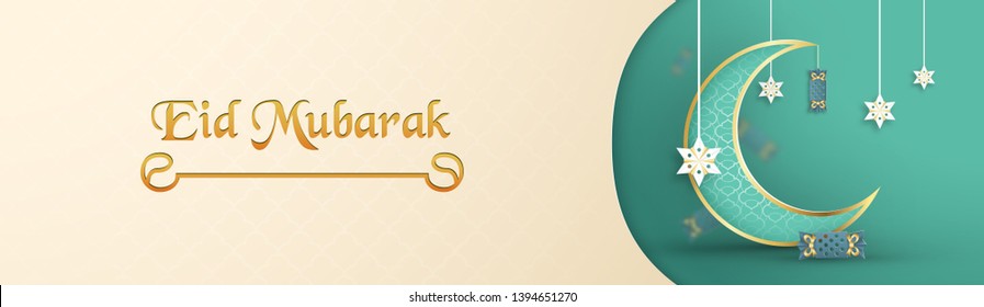 Template for Eid Mubarak with green and gold color tone. 3D Vector illustration in paper cut and craft  for islamic greeting card, invitation, book cover, brochure, web banner, advertisement.