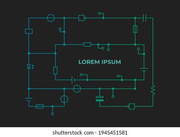 Template Of An Electric Circuit With Inscription On A Dark Background. Background Illustration For Scientific And Technical Articles.