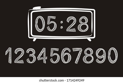 Template of electronic watches in chalk style. Set of numbers for the counter. Vector illustration of a clock for creating a countdown, alarm clock, web design.