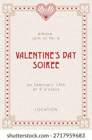 Plantilla de elegante estilo art deco invitación de fiesta de San Valentín. Diseño festivo para fiestas, eventos, brunch y celebraciones románticas. Publicaciones sociales, afiches y volantes.