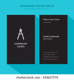 Template of elegant business card for construction company with gray compass vector on black background, vertical with cyan long shadow