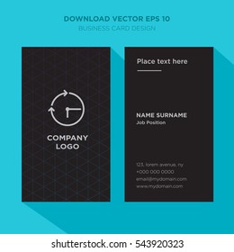 Template of elegant business card for consulting services company with gray time management vector on black background, vertical with cyan long shadow