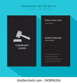 Template of elegant business card for court services with gray hammer vector on black background, vertical with cyan long shadow