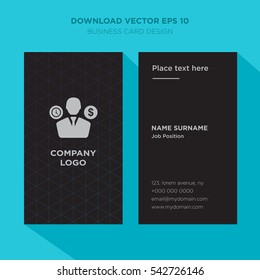 Template of elegant business card for management company with gray manager with time and money sign vector on black background, vertical with cyan long shadow