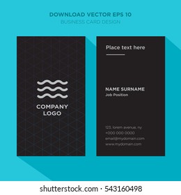 Template Of Elegant Business Card For Marine Services Company With Gray Wave, Water Of Sea And Ocean Vector On Black Background, Vertical With Cyan Long Shadow