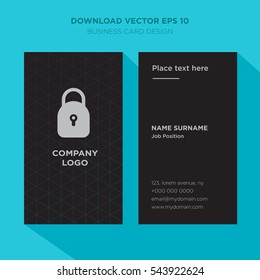 Template of elegant business card for security services company with gray lock vector on black background, vertical with cyan long shadow