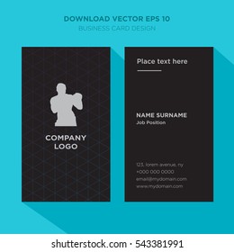 Template of elegant business card for sport and fitness services company with gray boxing person vector on black background, vertical with cyan long shadow