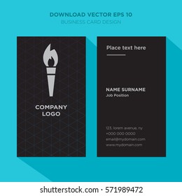 Template of elegant business card for sport event organizer services company with gray flame vector on black background, vertical with cyan long shadow