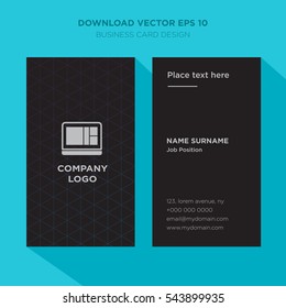 Template of elegant business card for technology services company with gray laptop vector on black background, vertical with cyan long shadow