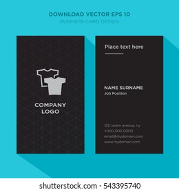 Template of elegant business card for textile services company with gray cloth and shirts vector on black background, vertical with cyan long shadow
