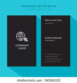 Template of elegant business card for travel agent services with gray world globe vector on black background, vertical with cyan long shadow