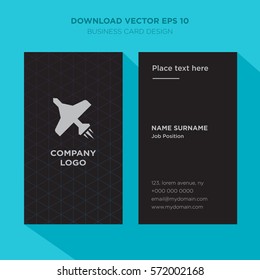 Template of elegant business card for travel agency, airline services company with gray plane and aircraft vector on black background, vertical with cyan long shadow