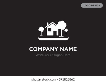 Template of elegant business logo for architecture, construction company with white home, tree vector on black background