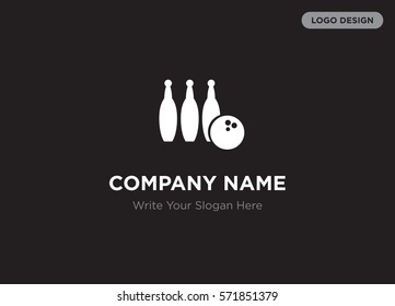 Template of elegant business logo for bowling, entertainment company with white bowling pins, ball vector on black background, elegance