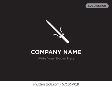 Template of elegant business logo for security, defence, army company with white ancient metal sword vector on black background, elegance