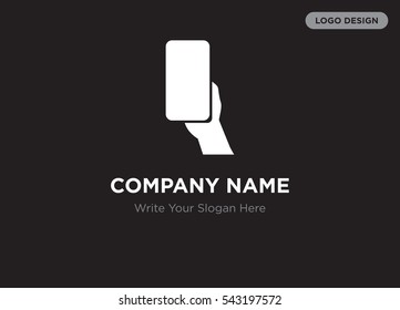 Template of elegant business logo for technology services company with gray hand holding cell phone vector on black background