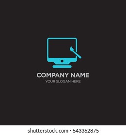 Template of elegant business logo for technology services company with cyan computer monitor vector on black background