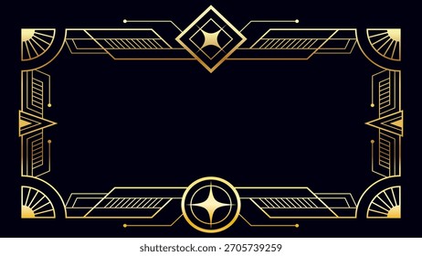 Modelo Elegante ouro Art Deco quadro em um fundo escuro com linha geométrica, borda simétrica e formas decorativas angulares, perfeito para convite de luxo, certificado e design premium 