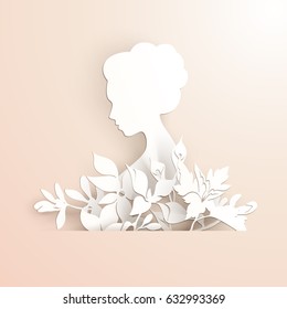 Plantilla con elegante perfil de dama con flores en estilo papel sobre fondo pastel. Invitación, diseño de tarjetas de felicitación. Ilustración del vector