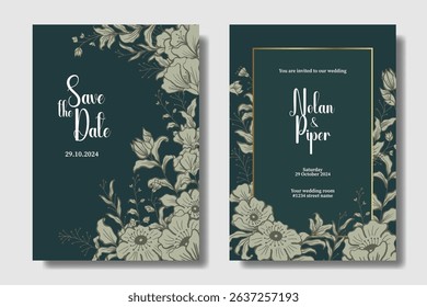 Template Elegant and Minimalist wild flower floral wedding invitation line art style with dark green colors