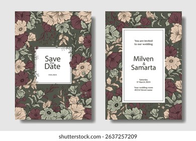 Template Elegant and Minimalist wild flower floral wedding invitation line art style with retro colors