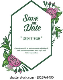 Template elegant save the date, with decoration of pink rose flower frame. Vector