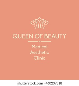 Template element of corporate identity, banner, background with vector logo for aesthetic medicine clinic. Facials and body treatments. Prestigious, status, royal. Queen of beauty.