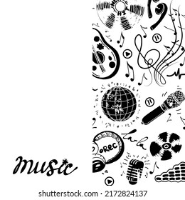 Template with elements of music, hand-drawn doodles in sketch style. Handwritten inscription. Guitar or ukulele. Headphones, microphones, treble clef with sheet music and recording icons.