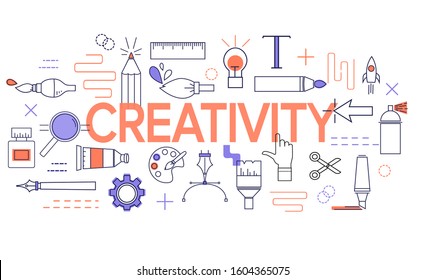 Template with elements and signs in modern simple linear style for illustrating creative process. Minimalist flat vector illustration