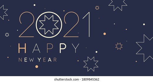 Plantilla para integrar saludos. Antecedentes con la inscripción Feliz Año Nuevo 2021. Ilustración vectorial en un estilo sencillo y plano con líneas doradas.