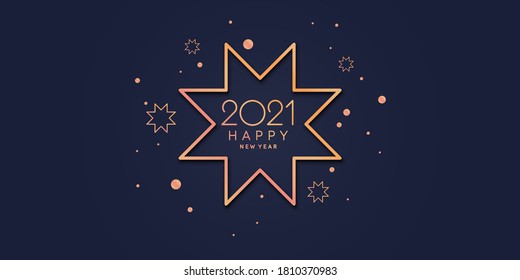 Plantilla para integrar saludos. Antecedentes con la inscripción Feliz Año Nuevo 2021. Ilustración vectorial en un estilo sencillo y plano con líneas doradas.