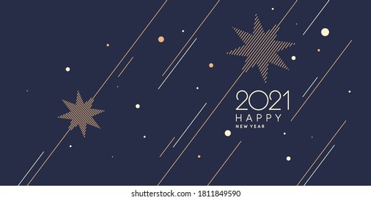 Template to embed greetings. Background with the inscription Happy New Year 2021. Vector illustration in flat simple style with gold lines.