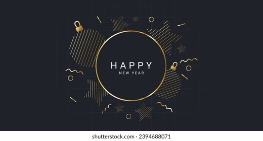 Plantilla para integrar saludos. Antecedentes con la inscripción Feliz Año Nuevo. Ilustración vectorial con líneas doradas.