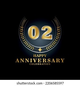 Template emblem 02nd years old luxurious anniversary with a frame in the form of laurel branches and the number 02. 02 years anniversary royal logo. Vector illustration Design