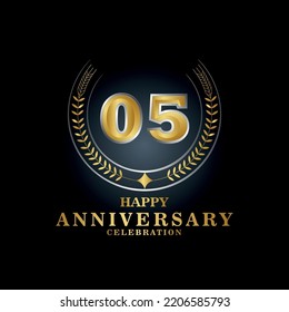 Template emblem 05th years old luxurious anniversary with a frame in the form of laurel branches and the number 05. 05 years anniversary royal logo. Vector illustration Design