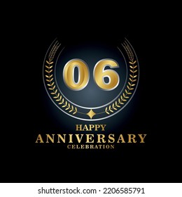 Template emblem 06th years old luxurious anniversary with a frame in the form of laurel branches and the number 06. 06 years anniversary royal logo. Vector illustration Design