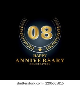 Template emblem 08th years old luxurious anniversary with a frame in the form of laurel branches and the number 08. 08 years anniversary royal logo. Vector illustration Design