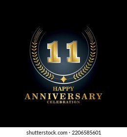 Template emblem 11th years old luxurious anniversary with a frame in the form of laurel branches and the number 11. 11 years anniversary royal logo. Vector illustration Design