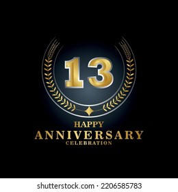 Template emblem 13th years old luxurious anniversary with a frame in the form of laurel branches and the number 13. 13 years anniversary royal logo. Vector illustration Design