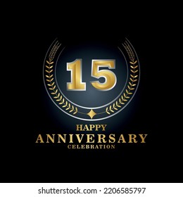 Template emblem 15th years old luxurious anniversary with a frame in the form of laurel branches and the number 15. 15 years anniversary royal logo. Vector illustration Design