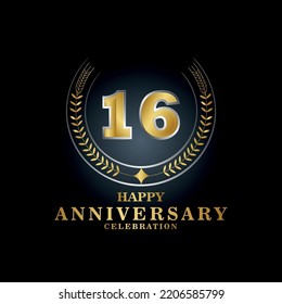 Template emblem 16th years old luxurious anniversary with a frame in the form of laurel branches and the number 16. 16 years anniversary royal logo. Vector illustration Design