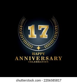 Template emblem 17th years old luxurious anniversary with a frame in the form of laurel branches and the number 17. 17 years anniversary royal logo. Vector illustration Design
